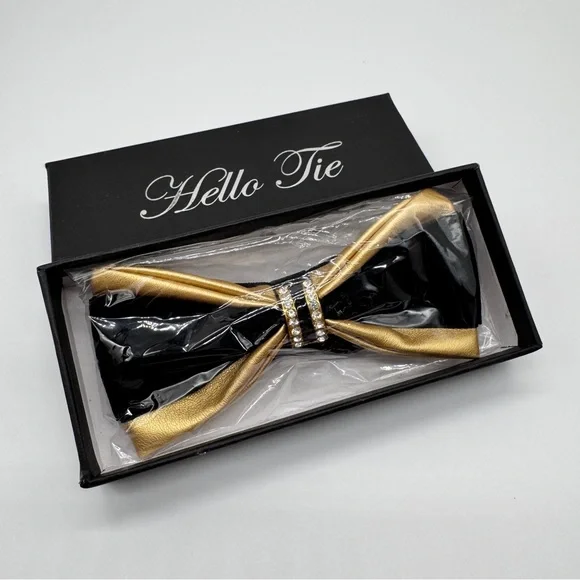 Men's PU Leather Bow Tie With Black & Gold Hardware With Crystal Stones - Picture 9 of 11